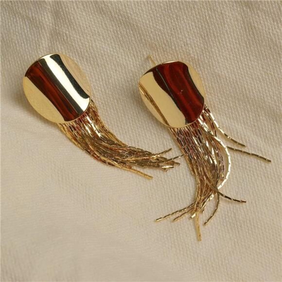 Gold Tassel Dangle Earrings | Vintage Retro Black Disc Statement Jewelry - Picture 7 of 7